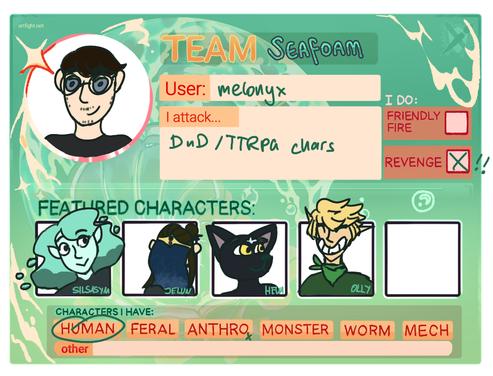 User melonyx is part of team seafoam, likes to draw DnD/TTRPG characters and is entering with 4 characters.