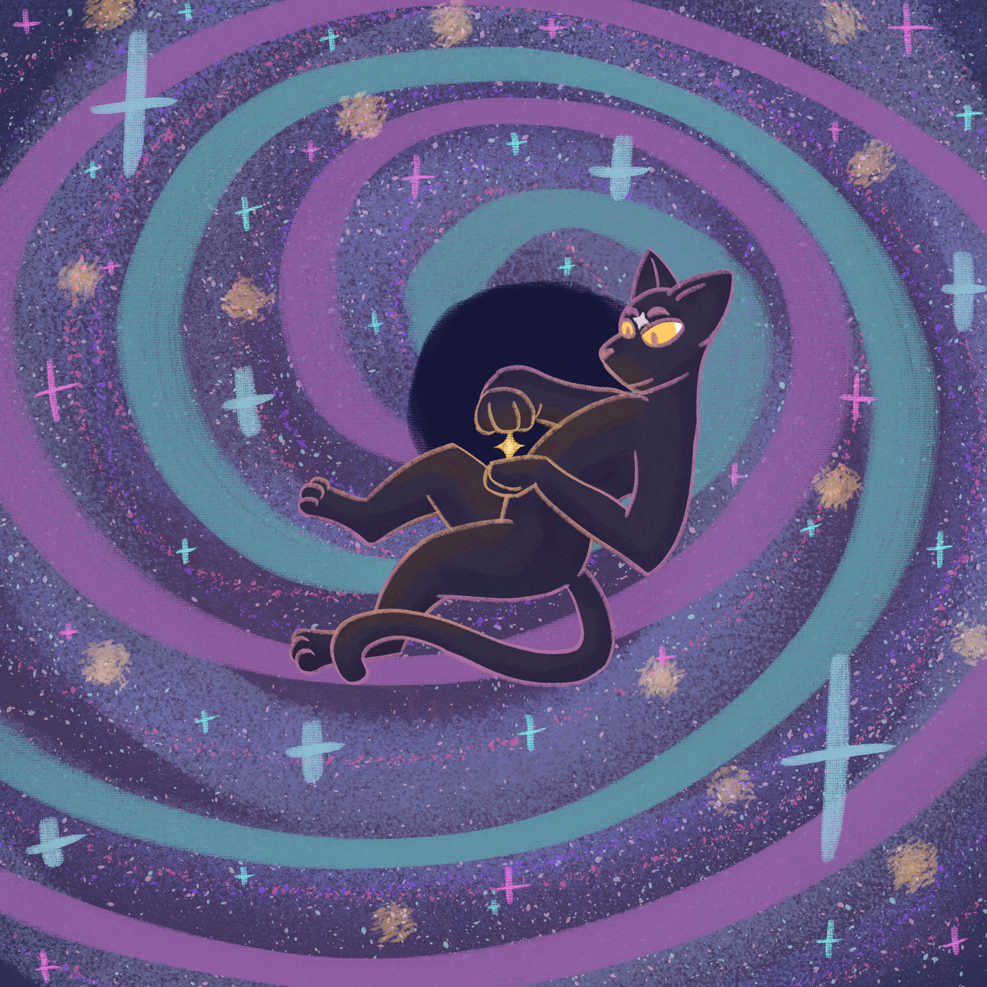 An anthro black cat is floating in space, their hands cupping a small star. Behind them is a blue and pink spiraling galaxy with a black hole at its core.