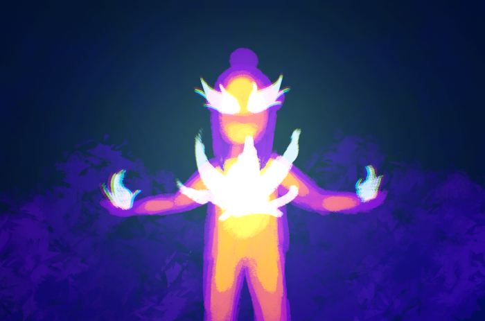 Heatmap-like drawing of a person with outstretched arms. Their hands and eyes are burning.