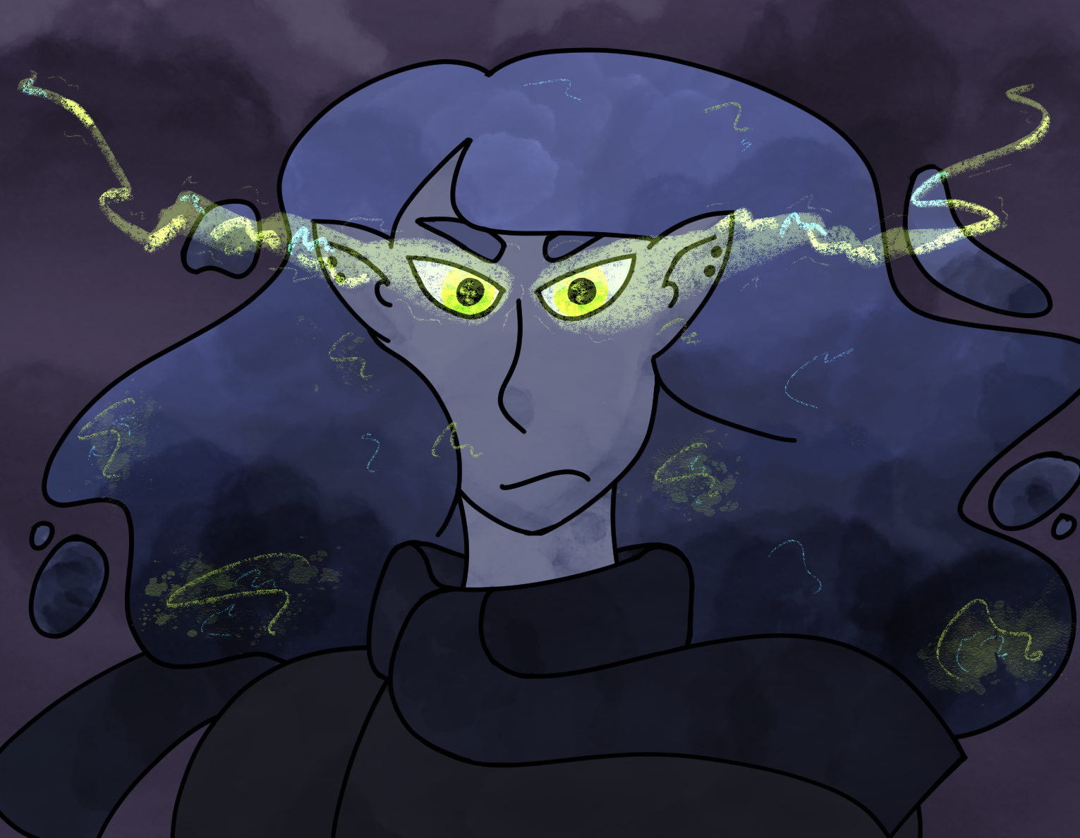 A person with blue skin and pointy ears is staring angrily at the viewer. Their hair is made of dark storm clouds and there is lightning flashing from their eyes.